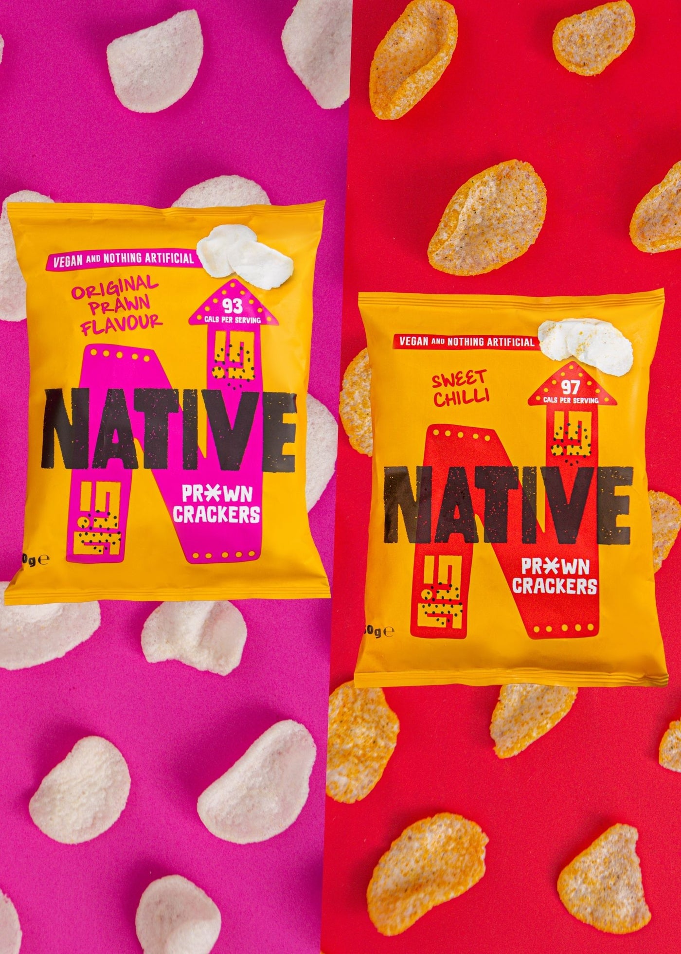 Vegan prawn crackers in original prawn flavour and sweet chilli. A light and crunchy snack for dinner or lunch. Vegan, vegetarian, gluten free, under 99 calories, less fat than crisps and natural. Enjoy with a meal, dip or takeaway. Free delivery over £20