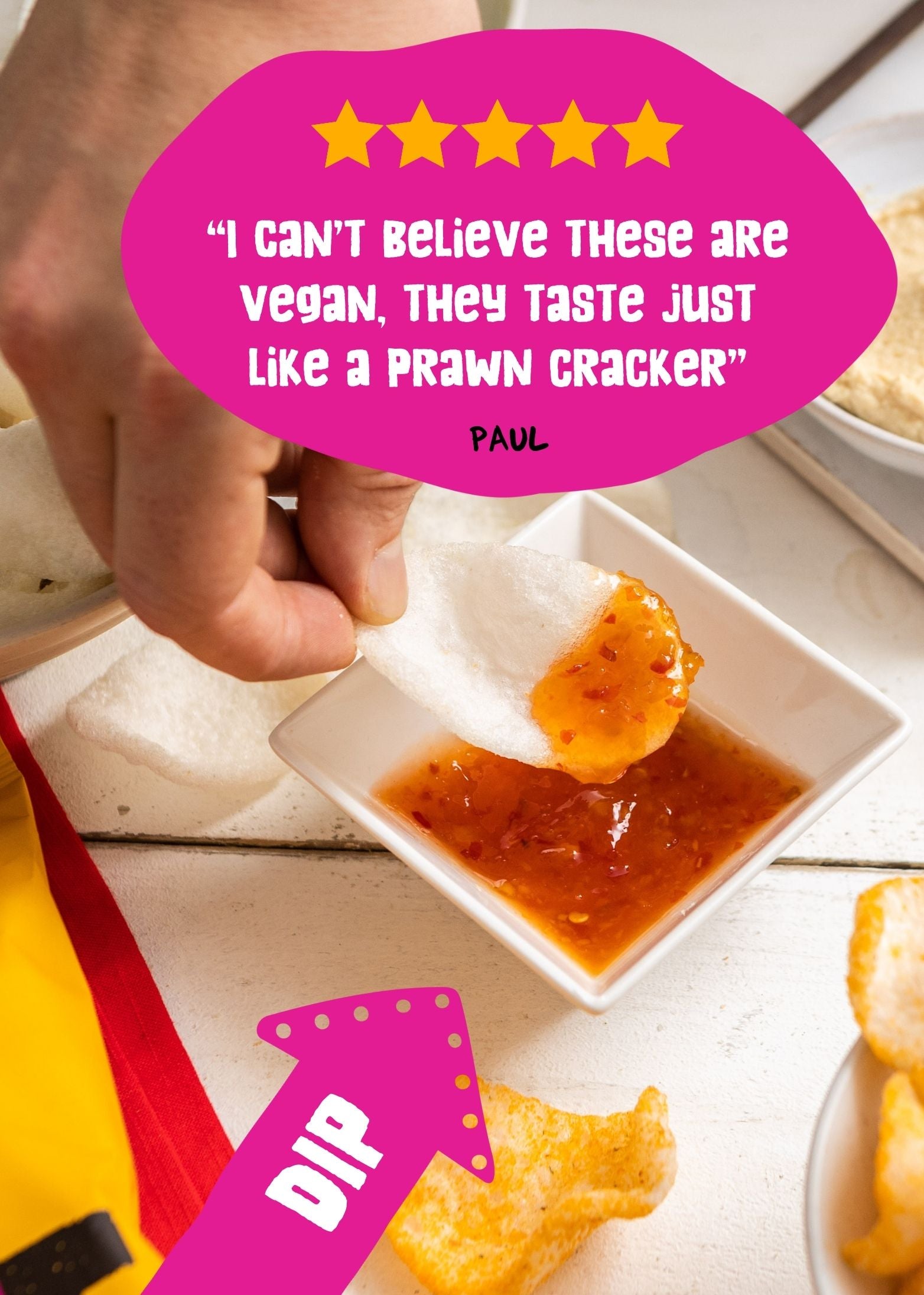 Vegan prawn crackers in original prawn flavour and sweet chilli. A light and crunchy snack for dinner or lunch. Vegan, vegetarian, gluten free, under 99 calories, less fat than crisps and natural. Enjoy with a meal, dip or takeaway. Free delivery over £20