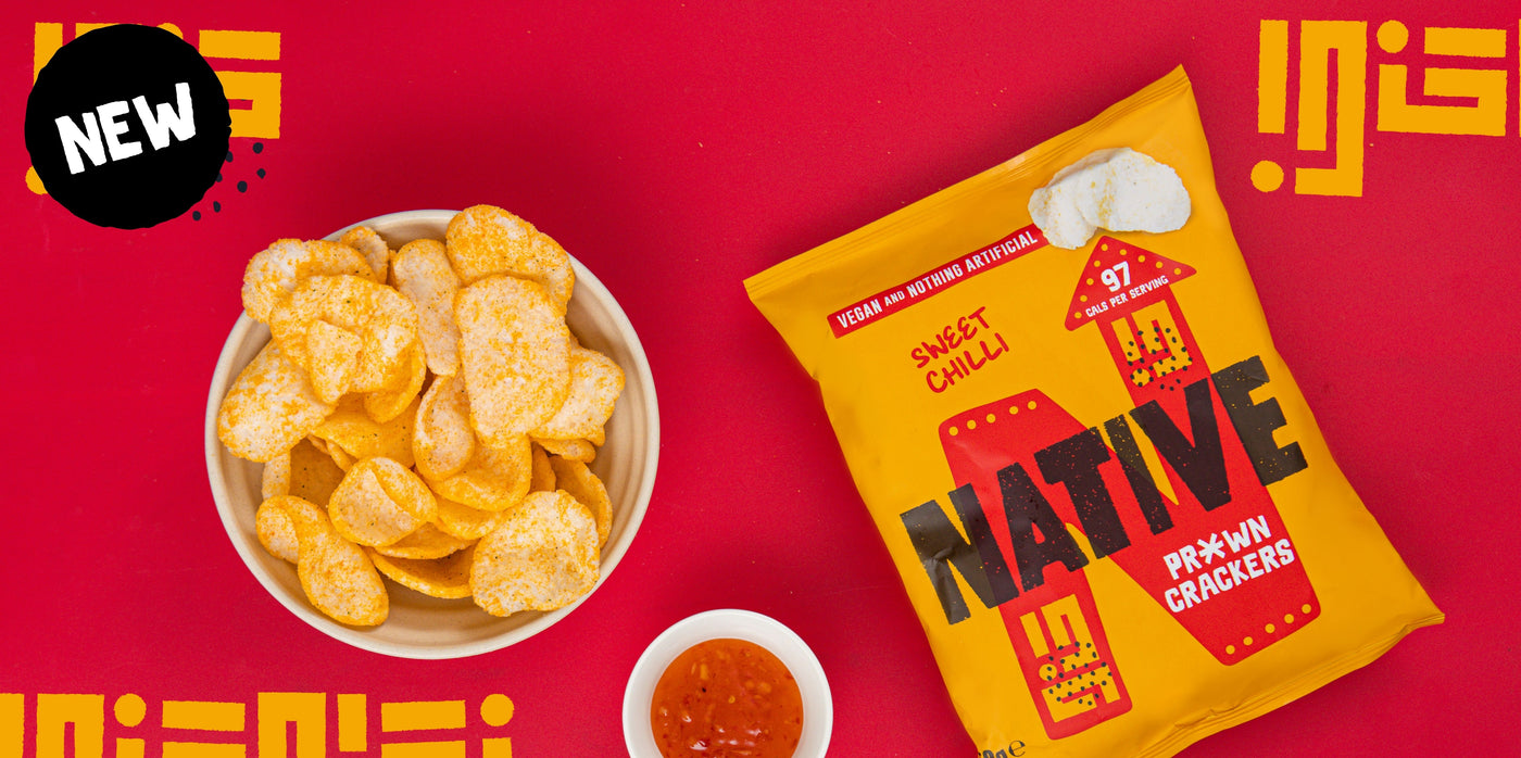 Vegan prawn crackers in original prawn flavour and sweet chilli. A light and crunchy snack for dinner or lunch. Vegan, vegetarian, gluten free, under 99 calories, less fat than crisps and natural. Enjoy with a meal, dip or takeaway. Free delivery over £20