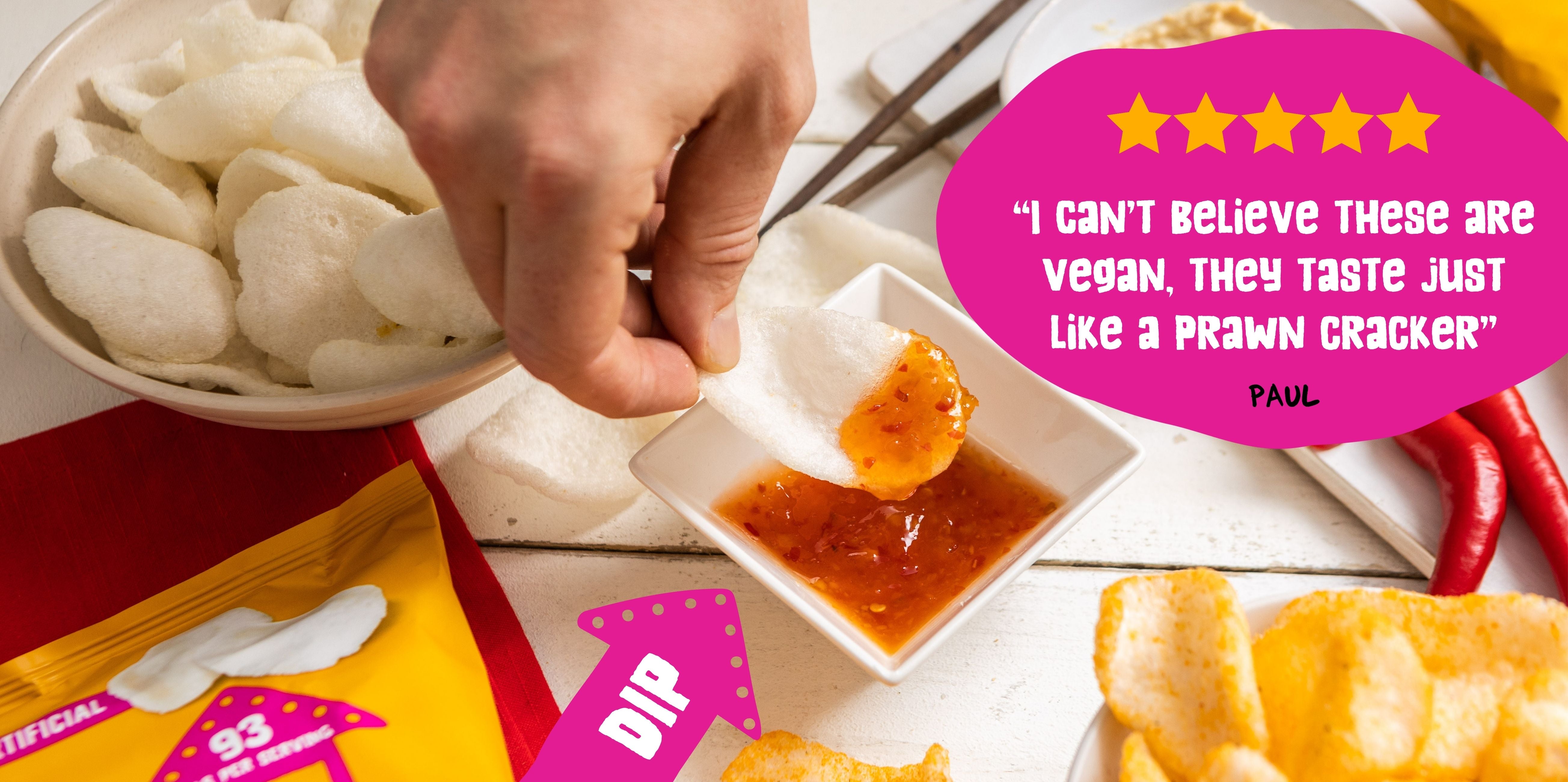 Vegan prawn crackers in original prawn flavour and sweet chilli. A light and crunchy snack for dinner or lunch. Vegan, vegetarian, gluten free, under 99 calories, less fat than crisps and natural. Enjoy with a meal, dip or takeaway. Free delivery over £20